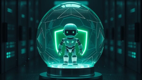 A translucent emerald green protective dome encapsulating a small glowing robotic agent figure, geometric shield patterns on the dome surface, dark server room background with teal and blue LED reflections, particles of light orbiting the dome, cinematic editorial photography, centered composition, subject in upper two-thirds, no text, no letters, no words, no writing, no signs, no labels, no watermarks, no logos, no typography, no numbers on surfaces