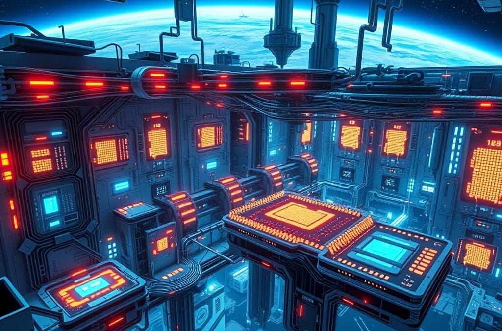 Futuristic chip fabrication facility with glowing processors, orbital space infrastructure above Earth, layered technology visualization, electric blue and deep space colors, cinematic tech cathedral aesthetic, no text, no letters, no words, no writing, no signs, no labels, no watermarks, no logos, no typography, no numbers on surfaces