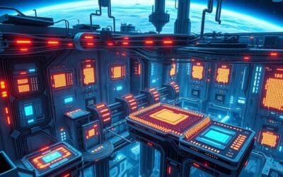 Futuristic chip fabrication facility with glowing processors, orbital space infrastructure above Earth, layered technology visualization, electric blue and deep space colors, cinematic tech cathedral aesthetic, no text, no letters, no words, no writing, no signs, no labels, no watermarks, no logos, no typography, no numbers on surfaces