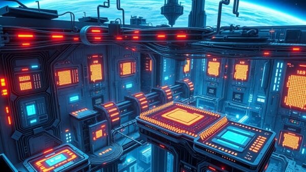 Futuristic chip fabrication facility with glowing processors, orbital space infrastructure above Earth, layered technology visualization, electric blue and deep space colors, cinematic tech cathedral aesthetic, no text, no letters, no words, no writing, no signs, no labels, no watermarks, no logos, no typography, no numbers on surfaces