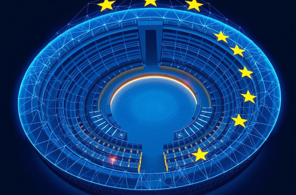 Abstract illustration of the European Parliament hemicycle seen from above as a glowing blue holographic structure, with AI neural network patterns overlaid, EU gold stars orbiting, official institutional blue and gold palette, clean modernist style, no text no letters no words no typography, 16:9 ratio