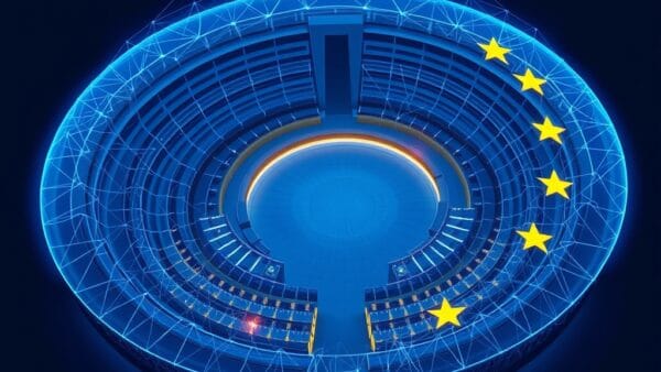Abstract illustration of the European Parliament hemicycle seen from above as a glowing blue holographic structure, with AI neural network patterns overlaid, EU gold stars orbiting, official institutional blue and gold palette, clean modernist style, no text no letters no words no typography, 16:9 ratio