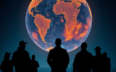 Silhouettes of diverse workers standing in a row viewed from behind, looking at a massive glowing amber and blue holographic globe floating above them, representing global workforce transformation, dark navy sky with warm amber highlights and steel blue tones, cinematic editorial photography, dramatic backlighting, subject in upper two-thirds, no text, no letters, no words, no writing, no signs, no labels, no watermarks, no logos, no typography, no numbers on surfaces