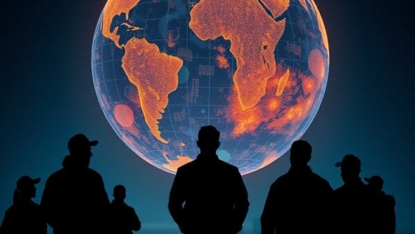 Silhouettes of diverse workers standing in a row viewed from behind, looking at a massive glowing amber and blue holographic globe floating above them, representing global workforce transformation, dark navy sky with warm amber highlights and steel blue tones, cinematic editorial photography, dramatic backlighting, subject in upper two-thirds, no text, no letters, no words, no writing, no signs, no labels, no watermarks, no logos, no typography, no numbers on surfaces