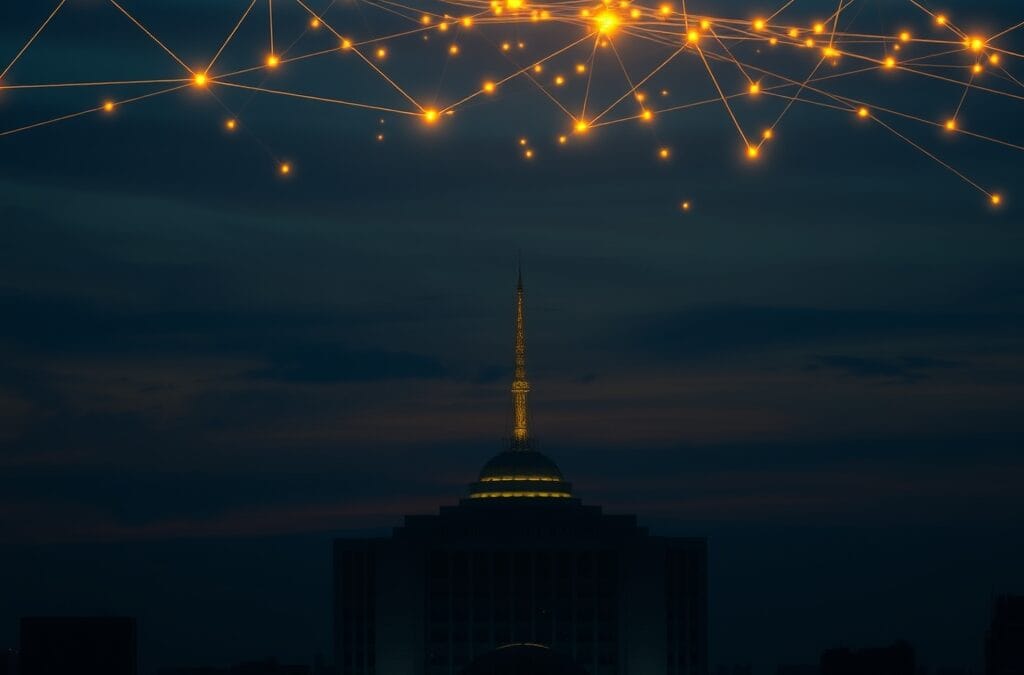 United Nations headquarters silhouette at dusk with glowing network nodes floating above, interconnected golden light streams across dark sky, diplomatic blue and gold color scheme, cinematic editorial photography, no text no letters no words no writing no signs no labels no watermarks no logos no typography no numbers on surfaces
