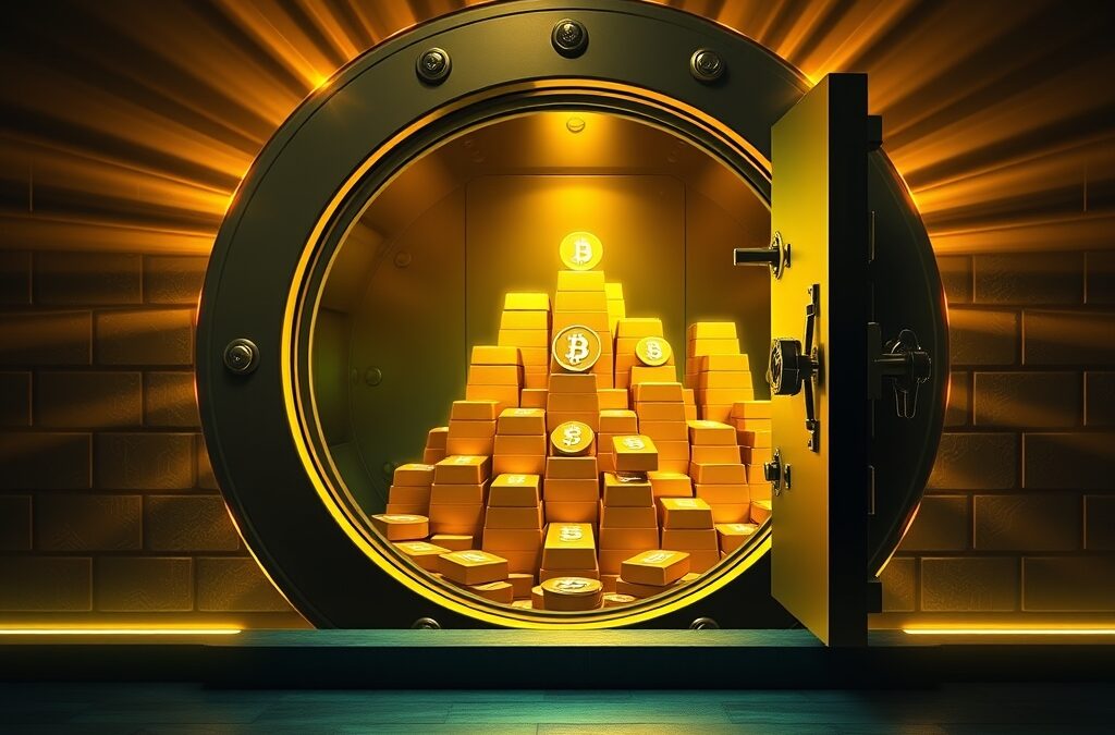 A massive golden vault door opening to reveal a glowing mountain of stacked gold bars and digital currency symbols inside, wealth and investment concept, dramatic warm golden light pouring out, dark background with amber and emerald green accents, cinematic editorial photography, volumetric rays, no text, no letters, no words, no writing, no signs, no labels, no watermarks, no logos, no typography, no numbers on surfaces