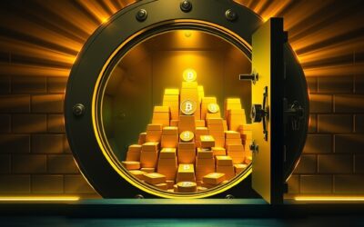A massive golden vault door opening to reveal a glowing mountain of stacked gold bars and digital currency symbols inside, wealth and investment concept, dramatic warm golden light pouring out, dark background with amber and emerald green accents, cinematic editorial photography, volumetric rays, no text, no letters, no words, no writing, no signs, no labels, no watermarks, no logos, no typography, no numbers on surfaces