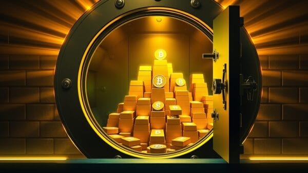 A massive golden vault door opening to reveal a glowing mountain of stacked gold bars and digital currency symbols inside, wealth and investment concept, dramatic warm golden light pouring out, dark background with amber and emerald green accents, cinematic editorial photography, volumetric rays, no text, no letters, no words, no writing, no signs, no labels, no watermarks, no logos, no typography, no numbers on surfaces