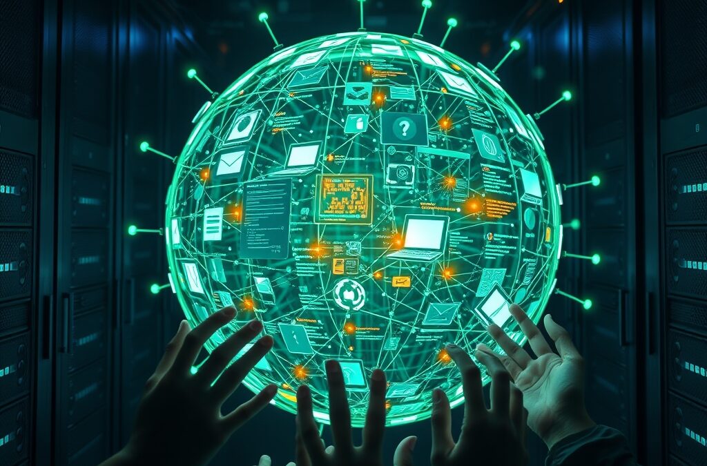 A massive glowing digital ecosystem sphere made of interconnected developer tools and code fragments, floating in a dark server room environment, hands reaching toward the sphere from multiple directions, cinematic editorial photography, emerald green and electric blue palette with amber accent lights, composition centered in upper two thirds, no text, no letters, no words, no writing, no signs, no labels, no watermarks, no logos, no typography, no numbers on surfaces