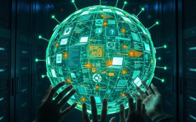 A massive glowing digital ecosystem sphere made of interconnected developer tools and code fragments, floating in a dark server room environment, hands reaching toward the sphere from multiple directions, cinematic editorial photography, emerald green and electric blue palette with amber accent lights, composition centered in upper two thirds, no text, no letters, no words, no writing, no signs, no labels, no watermarks, no logos, no typography, no numbers on surfaces