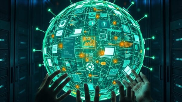 A massive glowing digital ecosystem sphere made of interconnected developer tools and code fragments, floating in a dark server room environment, hands reaching toward the sphere from multiple directions, cinematic editorial photography, emerald green and electric blue palette with amber accent lights, composition centered in upper two thirds, no text, no letters, no words, no writing, no signs, no labels, no watermarks, no logos, no typography, no numbers on surfaces