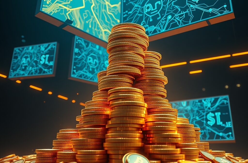 A towering stack of golden coins transforming into digital advertising billboards floating in a dark corporate environment, with glowing AI neural network patterns connecting the coins to the billboards, cinematic editorial photography, institutional blue and gold palette with dark navy background and amber accent highlights, composition with elements in upper two thirds, no text, no letters, no words, no writing, no signs, no labels, no watermarks, no logos, no typography, no numbers on surfaces