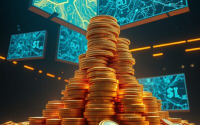 A towering stack of golden coins transforming into digital advertising billboards floating in a dark corporate environment, with glowing AI neural network patterns connecting the coins to the billboards, cinematic editorial photography, institutional blue and gold palette with dark navy background and amber accent highlights, composition with elements in upper two thirds, no text, no letters, no words, no writing, no signs, no labels, no watermarks, no logos, no typography, no numbers on surfaces