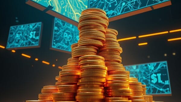 A towering stack of golden coins transforming into digital advertising billboards floating in a dark corporate environment, with glowing AI neural network patterns connecting the coins to the billboards, cinematic editorial photography, institutional blue and gold palette with dark navy background and amber accent highlights, composition with elements in upper two thirds, no text, no letters, no words, no writing, no signs, no labels, no watermarks, no logos, no typography, no numbers on surfaces