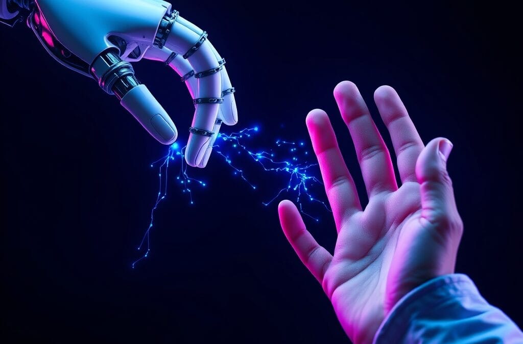 Illustration IA : main robotique et humaine se rejoignant symbolisant Google Gemini