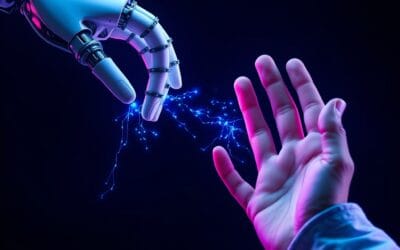 Illustration IA : main robotique et humaine se rejoignant symbolisant Google Gemini
