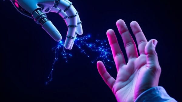 Illustration IA : main robotique et humaine se rejoignant symbolisant Google Gemini