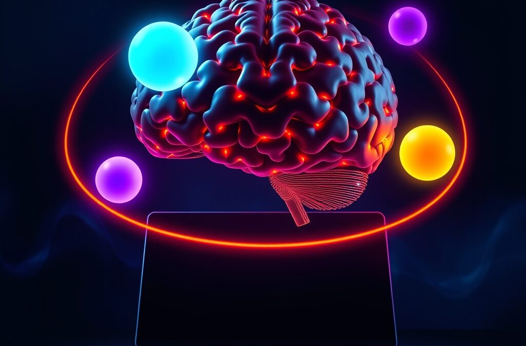 A massive glowing neural network brain floating above a sleek laptop screen, three luminous orbs orbiting it labeled-free, each a different color representing Standard Thinking and Pro variants, dark navy background with electric cyan and violet accents, cinematic editorial photography, subject centered in upper two thirds, dramatic volumetric lighting, no text, no letters, no words, no writing, no signs, no labels, no watermarks, no logos, no typography, no numbers on surfaces