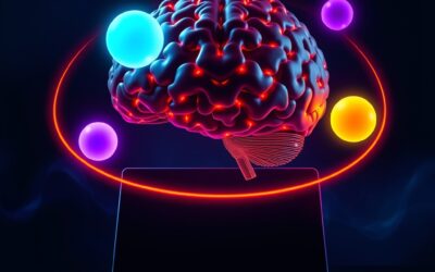 A massive glowing neural network brain floating above a sleek laptop screen, three luminous orbs orbiting it labeled-free, each a different color representing Standard Thinking and Pro variants, dark navy background with electric cyan and violet accents, cinematic editorial photography, subject centered in upper two thirds, dramatic volumetric lighting, no text, no letters, no words, no writing, no signs, no labels, no watermarks, no logos, no typography, no numbers on surfaces