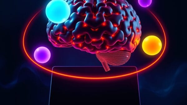 A massive glowing neural network brain floating above a sleek laptop screen, three luminous orbs orbiting it labeled-free, each a different color representing Standard Thinking and Pro variants, dark navy background with electric cyan and violet accents, cinematic editorial photography, subject centered in upper two thirds, dramatic volumetric lighting, no text, no letters, no words, no writing, no signs, no labels, no watermarks, no logos, no typography, no numbers on surfaces
