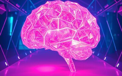 a luminous crystalline brain structure with mathematical equations flowing as light streams through geometric corridors, cinematic editorial photography, cyan neon and violet palette, no text no letters no words no writing no signs no labels no watermarks no logos no typography no numbers on surfaces