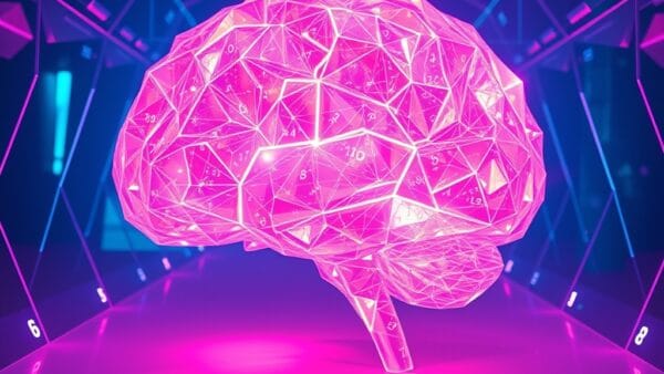 a luminous crystalline brain structure with mathematical equations flowing as light streams through geometric corridors, cinematic editorial photography, cyan neon and violet palette, no text no letters no words no writing no signs no labels no watermarks no logos no typography no numbers on surfaces