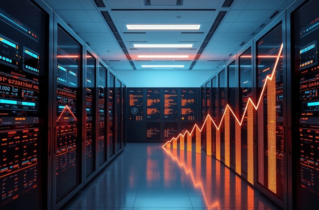 Modern tech office with glowing servers and data flows, ascending charts in soft blue and amber light, digital wealth visualization, cinematic editorial photography, no text, no letters, no words, no writing, no signs, no labels, no watermarks, no logos, no typography, no numbers on surfaces