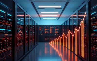 Modern tech office with glowing servers and data flows, ascending charts in soft blue and amber light, digital wealth visualization, cinematic editorial photography, no text, no letters, no words, no writing, no signs, no labels, no watermarks, no logos, no typography, no numbers on surfaces