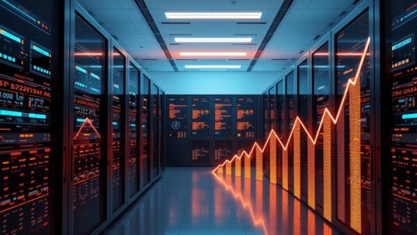 Modern tech office with glowing servers and data flows, ascending charts in soft blue and amber light, digital wealth visualization, cinematic editorial photography, no text, no letters, no words, no writing, no signs, no labels, no watermarks, no logos, no typography, no numbers on surfaces