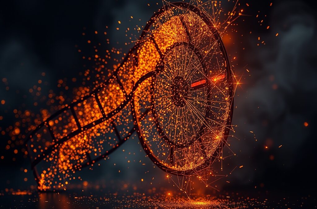 A fading holographic film reel dissolving into scattered golden light particles, video production concept ending, dark cinematic atmosphere, broken projector lens with amber and red sparks, volumetric smoke, dark navy background with warm amber accents, editorial photography style, no text, no letters, no words, no writing, no signs, no labels, no watermarks, no logos, no typography, no numbers on surfaces