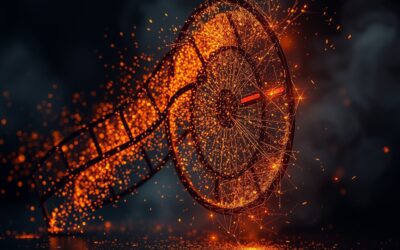 A fading holographic film reel dissolving into scattered golden light particles, video production concept ending, dark cinematic atmosphere, broken projector lens with amber and red sparks, volumetric smoke, dark navy background with warm amber accents, editorial photography style, no text, no letters, no words, no writing, no signs, no labels, no watermarks, no logos, no typography, no numbers on surfaces