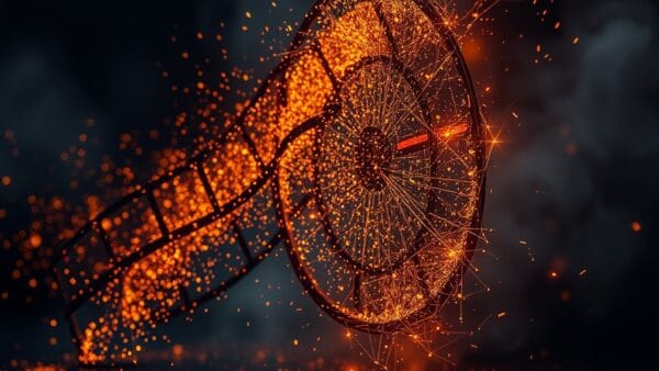 A fading holographic film reel dissolving into scattered golden light particles, video production concept ending, dark cinematic atmosphere, broken projector lens with amber and red sparks, volumetric smoke, dark navy background with warm amber accents, editorial photography style, no text, no letters, no words, no writing, no signs, no labels, no watermarks, no logos, no typography, no numbers on surfaces