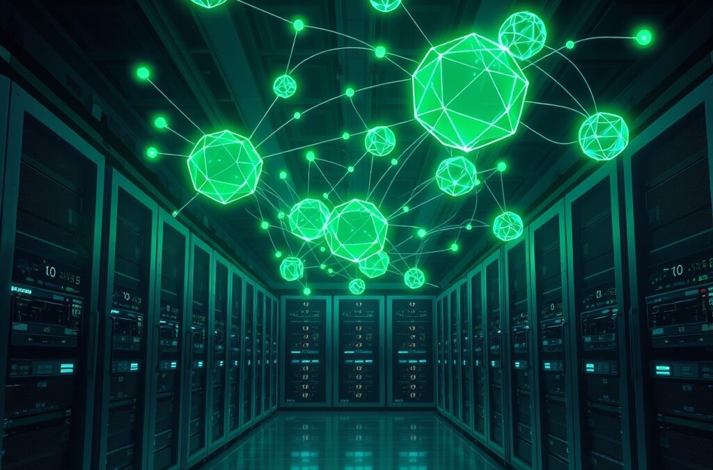 A futuristic database server room with emerald green and blue holographic projections of autonomous AI agents floating above the servers, each agent represented as a glowing geometric orb with persistent memory trails connecting them like neural pathways, Oracle-style enterprise architecture with clean metallic surfaces, dramatic overhead lighting, cinematic editorial photography, dark navy background, no text, no letters, no words, no writing, no signs, no labels, no watermarks, no logos, no typography, no numbers on surfaces