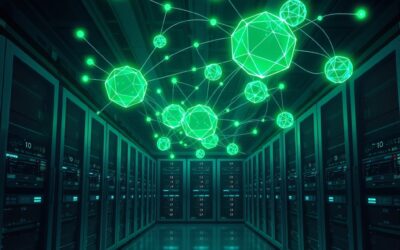 A futuristic database server room with emerald green and blue holographic projections of autonomous AI agents floating above the servers, each agent represented as a glowing geometric orb with persistent memory trails connecting them like neural pathways, Oracle-style enterprise architecture with clean metallic surfaces, dramatic overhead lighting, cinematic editorial photography, dark navy background, no text, no letters, no words, no writing, no signs, no labels, no watermarks, no logos, no typography, no numbers on surfaces