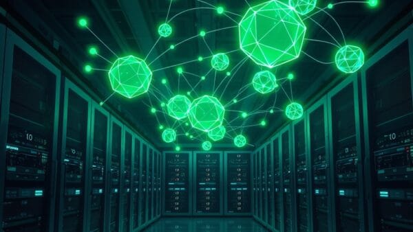 A futuristic database server room with emerald green and blue holographic projections of autonomous AI agents floating above the servers, each agent represented as a glowing geometric orb with persistent memory trails connecting them like neural pathways, Oracle-style enterprise architecture with clean metallic surfaces, dramatic overhead lighting, cinematic editorial photography, dark navy background, no text, no letters, no words, no writing, no signs, no labels, no watermarks, no logos, no typography, no numbers on surfaces