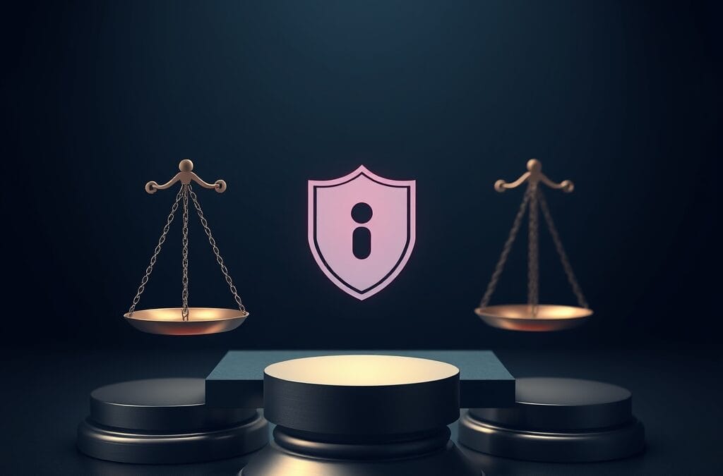 Cinematic editorial illustration of digital protection and legislation, dark navy and blue palette, abstract legal scales and shield symbols, no text no letters no words no writing no signs no labels no watermarks no logos no typography no numbers on surfaces