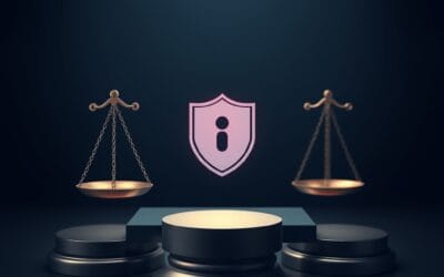 Cinematic editorial illustration of digital protection and legislation, dark navy and blue palette, abstract legal scales and shield symbols, no text no letters no words no writing no signs no labels no watermarks no logos no typography no numbers on surfaces