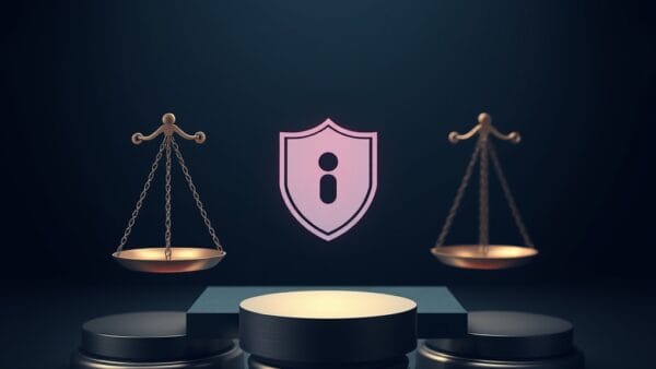 Cinematic editorial illustration of digital protection and legislation, dark navy and blue palette, abstract legal scales and shield symbols, no text no letters no words no writing no signs no labels no watermarks no logos no typography no numbers on surfaces