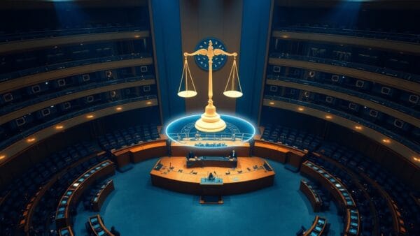 Illustration IA : hémicycle parlementaire européen protégeant les créateurs face à l'IA