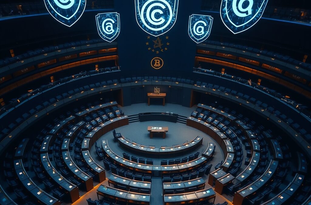 A grand European parliament hemicycle viewed from above, with holographic digital shields floating above the seats projecting abstract copyright symbols and creative icons, dramatic institutional lighting with deep blue and gold tones, cinematic editorial photography, dark navy background with electric blue accents and amber highlights, composition focused on upper two thirds, no text, no letters, no words, no writing, no signs, no labels, no watermarks, no logos, no typography, no numbers on surfaces