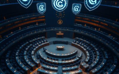 A grand European parliament hemicycle viewed from above, with holographic digital shields floating above the seats projecting abstract copyright symbols and creative icons, dramatic institutional lighting with deep blue and gold tones, cinematic editorial photography, dark navy background with electric blue accents and amber highlights, composition focused on upper two thirds, no text, no letters, no words, no writing, no signs, no labels, no watermarks, no logos, no typography, no numbers on surfaces