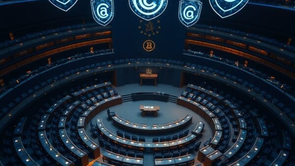 A grand European parliament hemicycle viewed from above, with holographic digital shields floating above the seats projecting abstract copyright symbols and creative icons, dramatic institutional lighting with deep blue and gold tones, cinematic editorial photography, dark navy background with electric blue accents and amber highlights, composition focused on upper two thirds, no text, no letters, no words, no writing, no signs, no labels, no watermarks, no logos, no typography, no numbers on surfaces