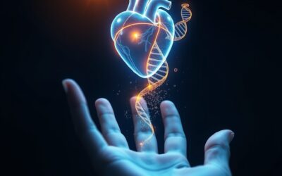 Futuristic healthcare concept with a glowing holographic heart and DNA helix floating above an open palm silhouette, institutional blue and gold accent colors, soft particles representing medical data flowing upward, cinematic editorial photography, dark navy background with subtle radial gradient, warm volumetric lighting from the holographic elements, subject centered in upper two-thirds with dark fade at bottom, no text, no letters, no words, no writing, no signs, no labels, no watermarks, no logos, no typography, no numbers on surfaces