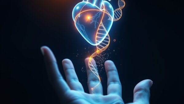 Futuristic healthcare concept with a glowing holographic heart and DNA helix floating above an open palm silhouette, institutional blue and gold accent colors, soft particles representing medical data flowing upward, cinematic editorial photography, dark navy background with subtle radial gradient, warm volumetric lighting from the holographic elements, subject centered in upper two-thirds with dark fade at bottom, no text, no letters, no words, no writing, no signs, no labels, no watermarks, no logos, no typography, no numbers on surfaces
