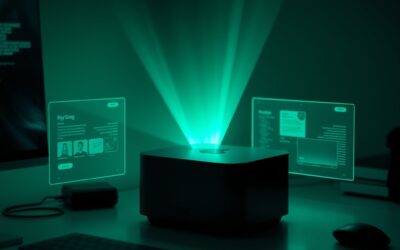 A sleek matte black Mac Mini sitting on a minimalist desk, emanating soft emerald green holographic light projections upward, floating translucent interface panels surrounding it, dark moody studio lighting with teal and blue reflections, cinematic editorial product photography, depth of field, subject in upper two-thirds, no text, no letters, no words, no writing, no signs, no labels, no watermarks, no logos, no typography, no numbers on surfaces