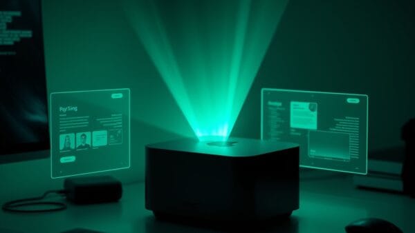 A sleek matte black Mac Mini sitting on a minimalist desk, emanating soft emerald green holographic light projections upward, floating translucent interface panels surrounding it, dark moody studio lighting with teal and blue reflections, cinematic editorial product photography, depth of field, subject in upper two-thirds, no text, no letters, no words, no writing, no signs, no labels, no watermarks, no logos, no typography, no numbers on surfaces