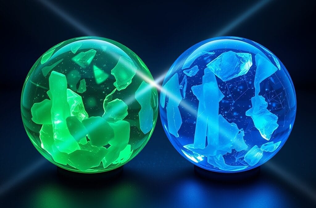 Illustration IA : deux sphères cristallines comparant Perplexity et ChatGPT