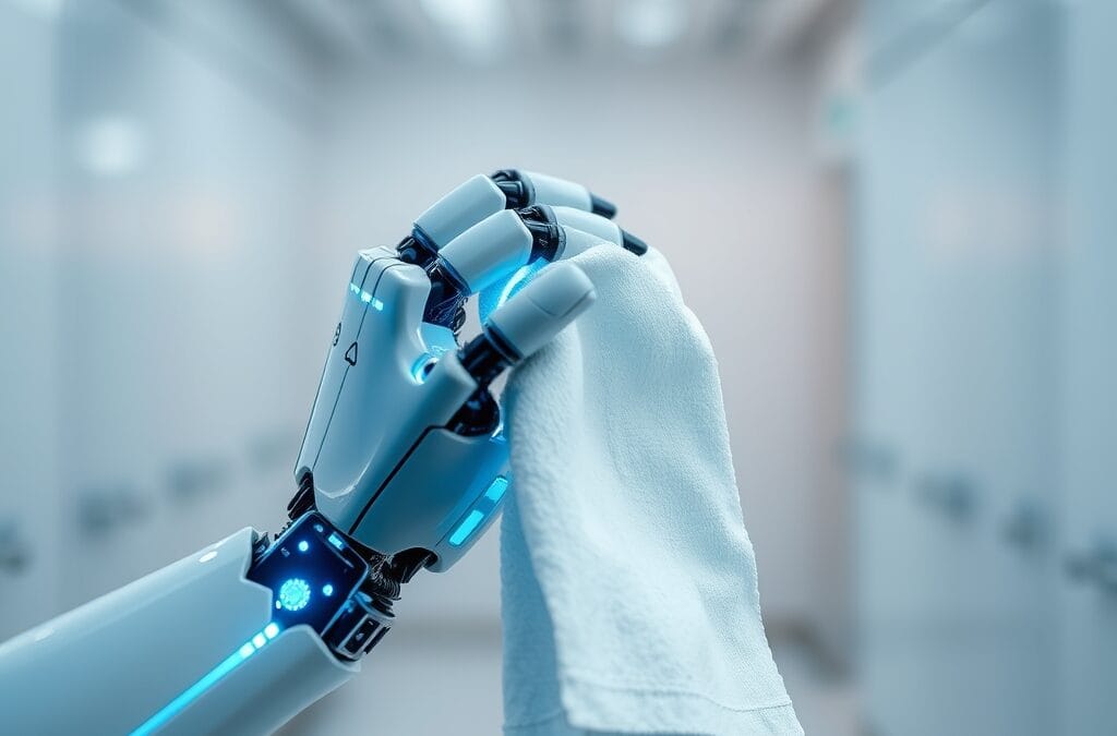 A humanoid robot hand delicately folding a white cloth towel in a minimalist white lab environment, glowing blue neural pathway traces visible along the robotic arm, cinematic close-up photography, cool steel blue and warm white palette, shallow depth of field with bokeh background, subject in upper two thirds, no text, no letters, no words, no writing, no signs, no labels, no watermarks, no logos, no typography, no numbers on surfaces