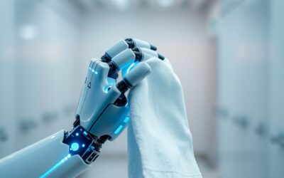 A humanoid robot hand delicately folding a white cloth towel in a minimalist white lab environment, glowing blue neural pathway traces visible along the robotic arm, cinematic close-up photography, cool steel blue and warm white palette, shallow depth of field with bokeh background, subject in upper two thirds, no text, no letters, no words, no writing, no signs, no labels, no watermarks, no logos, no typography, no numbers on surfaces