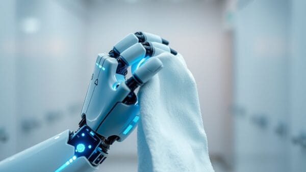 A humanoid robot hand delicately folding a white cloth towel in a minimalist white lab environment, glowing blue neural pathway traces visible along the robotic arm, cinematic close-up photography, cool steel blue and warm white palette, shallow depth of field with bokeh background, subject in upper two thirds, no text, no letters, no words, no writing, no signs, no labels, no watermarks, no logos, no typography, no numbers on surfaces